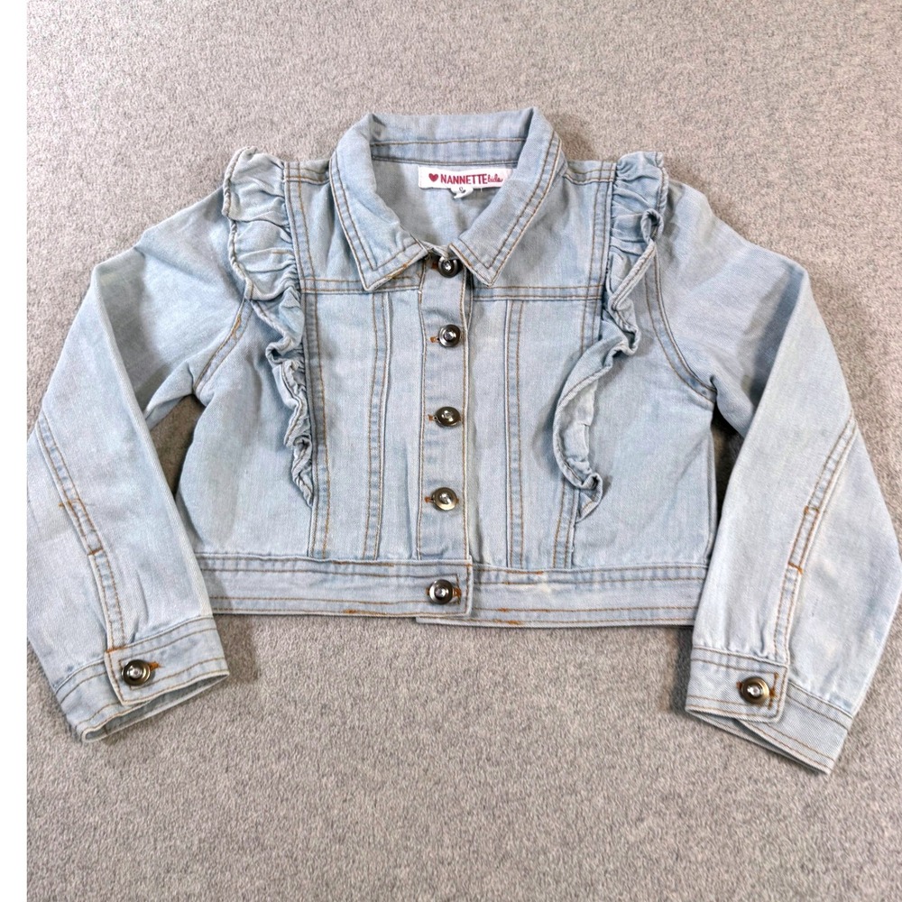 Nanette Lepore Girls Denim Jacket Size 6 Light Wash Ruffle Cropped Jean Jacket